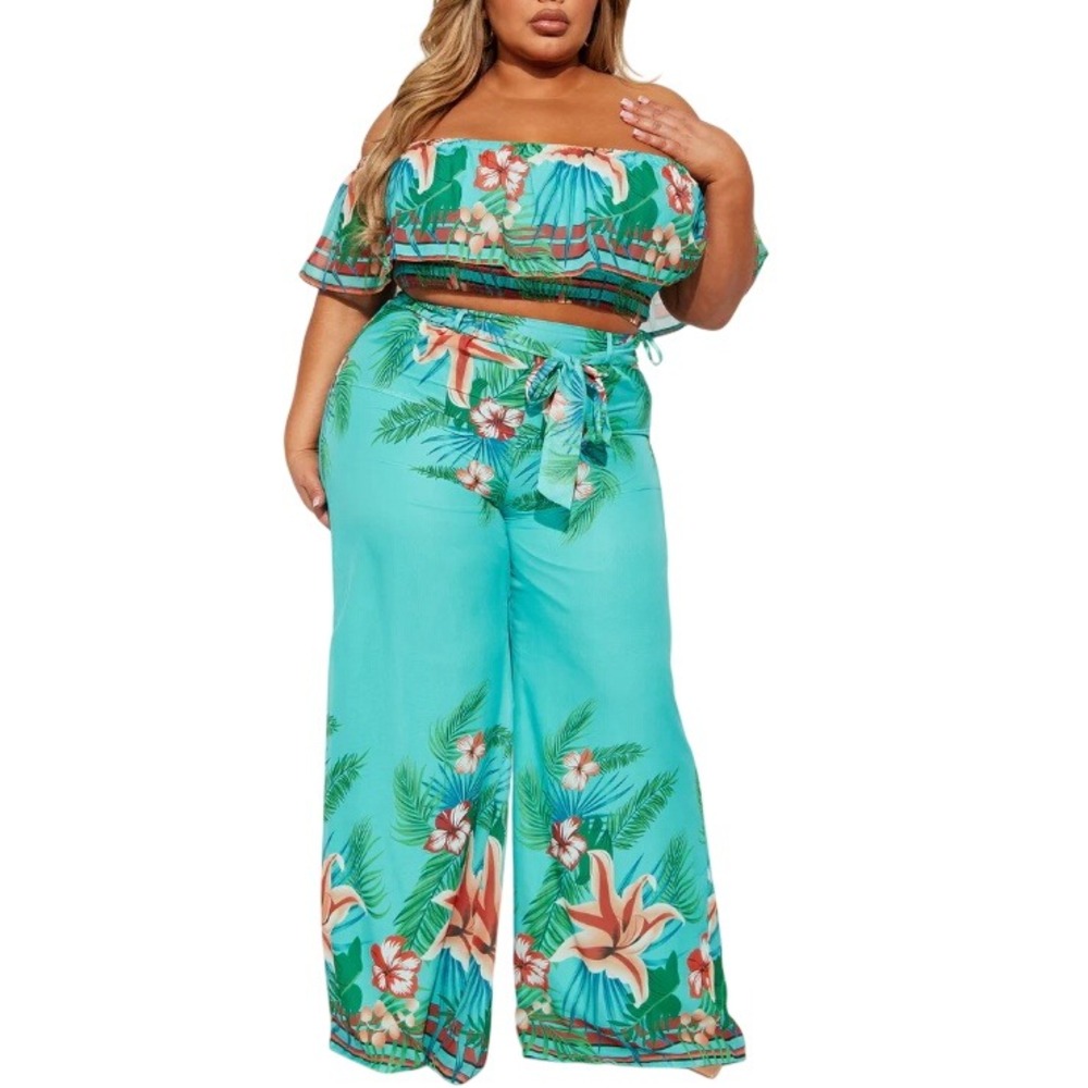 Fashion Nova Women's‎ Turquoise Just A Tropical Night Flowy Pants Size 2X - Picture 2 of 7